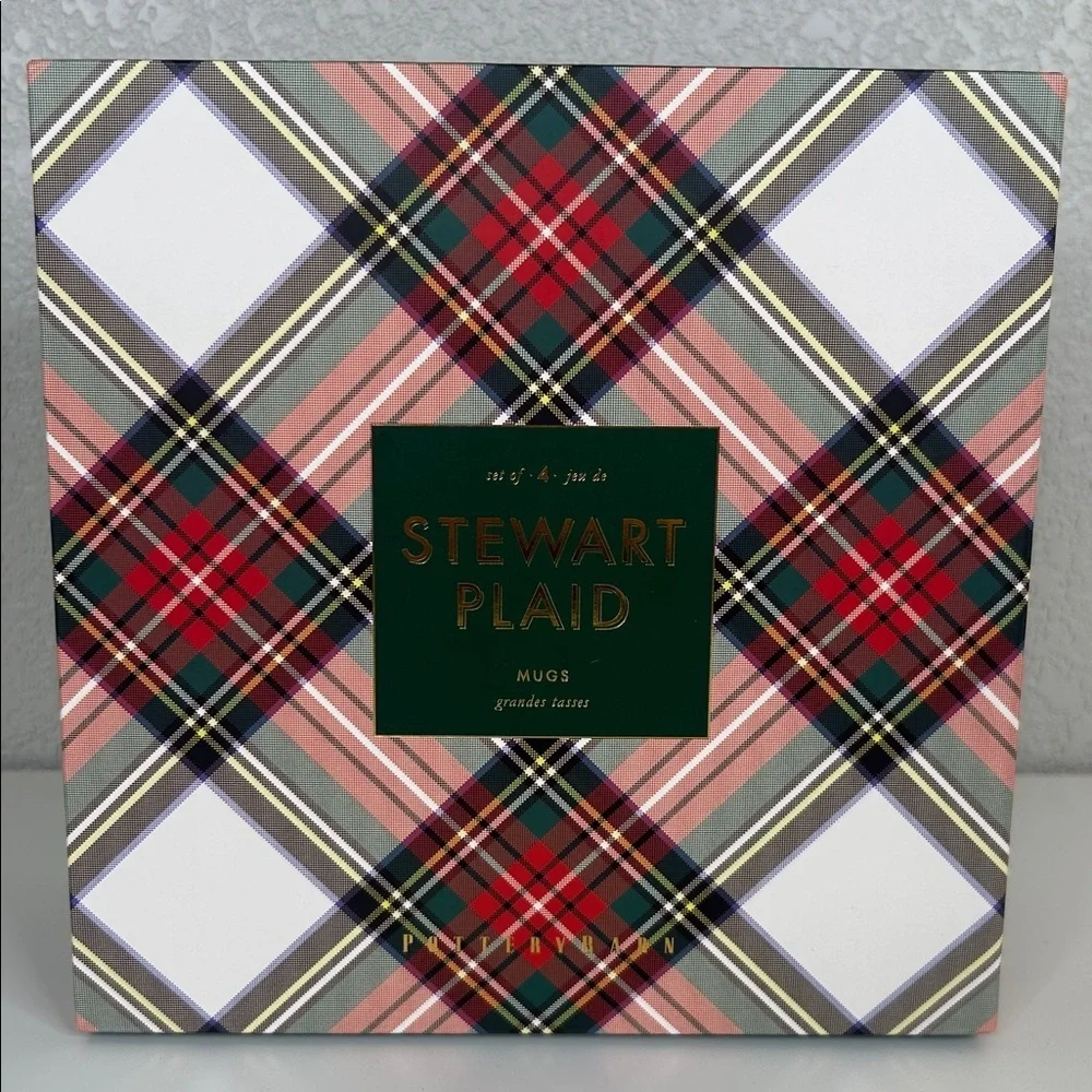 Pottery Barn Stewart‎ Plaid Set of 4 Coffee Tea Classic Festive Mugs New in Box!